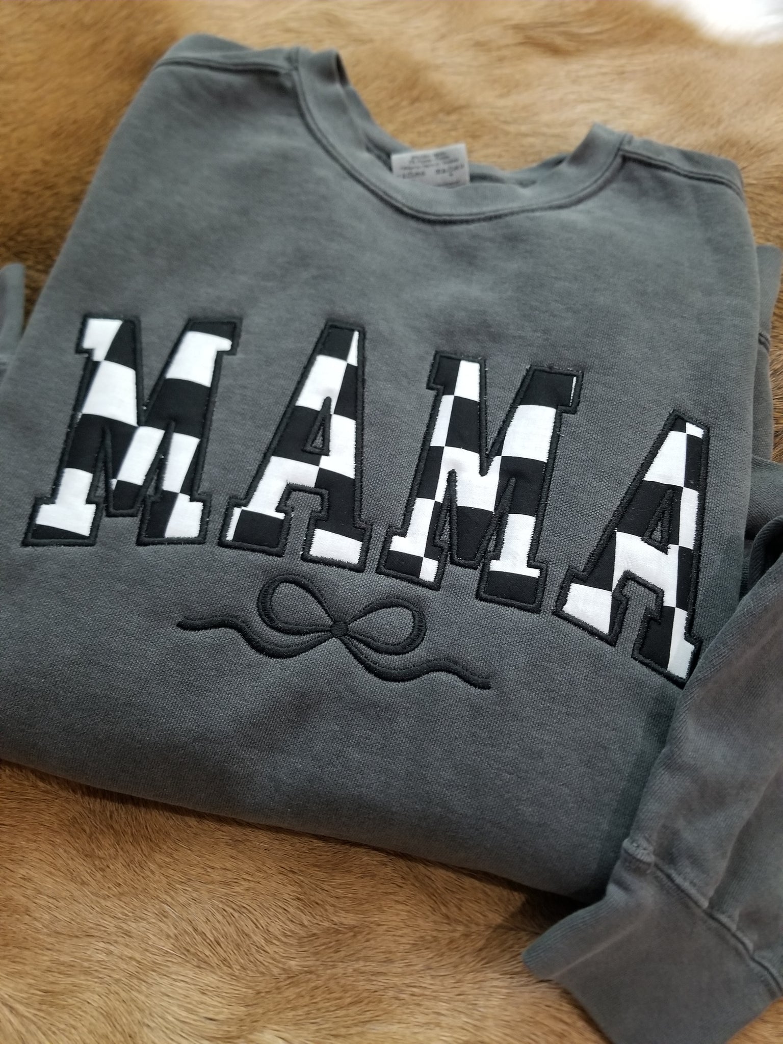 Mama checkered embroidered fabric applique