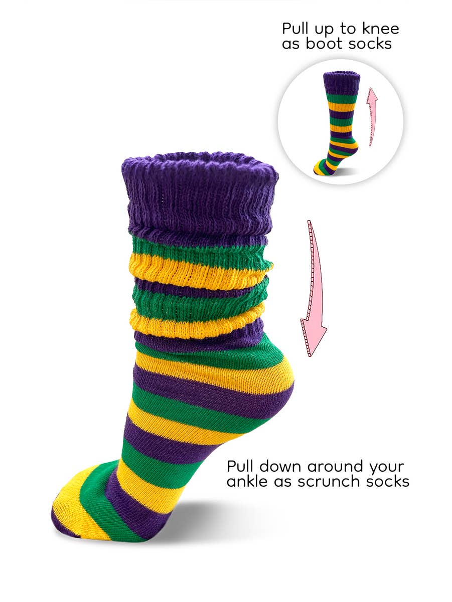 Slouchy socks Mardi Gras stripes