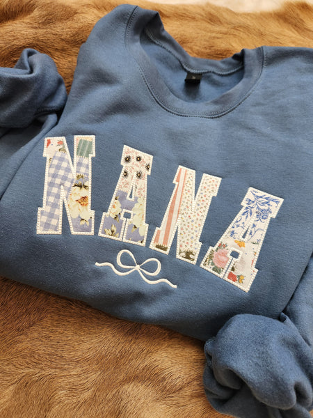 Mama patchwork applique embroidered bow