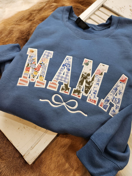 Mama patchwork applique embroidered bow