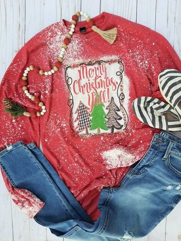 Merry Christmas Y'all Bleached Long Sleeve Tee