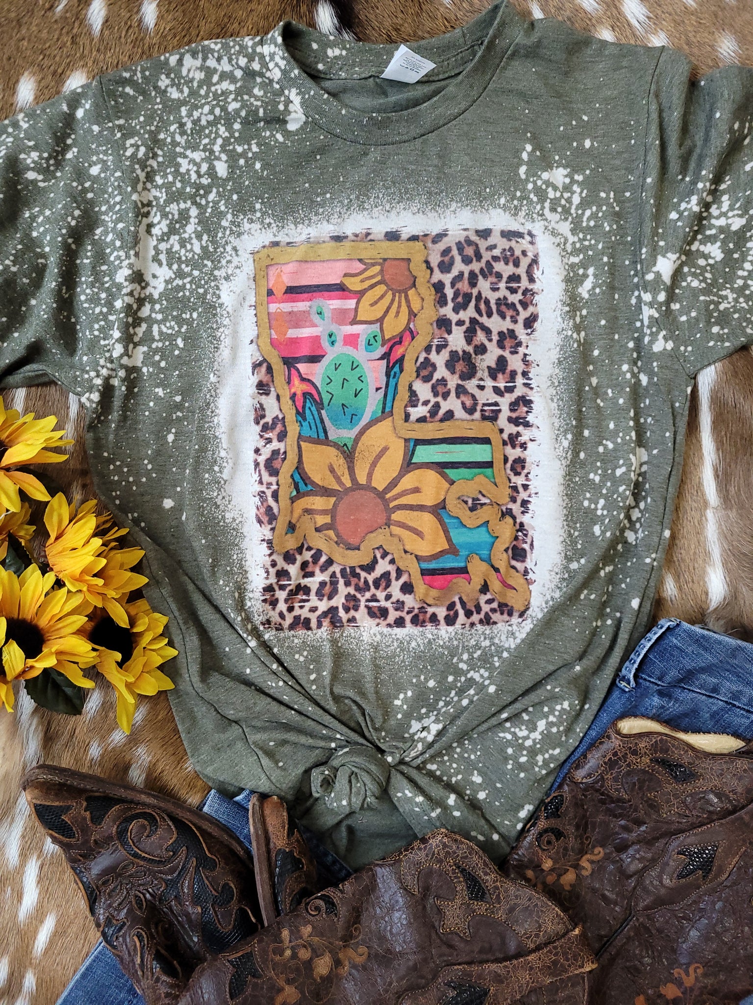 Louisiana Sunflower and Leopard Bleached Tee