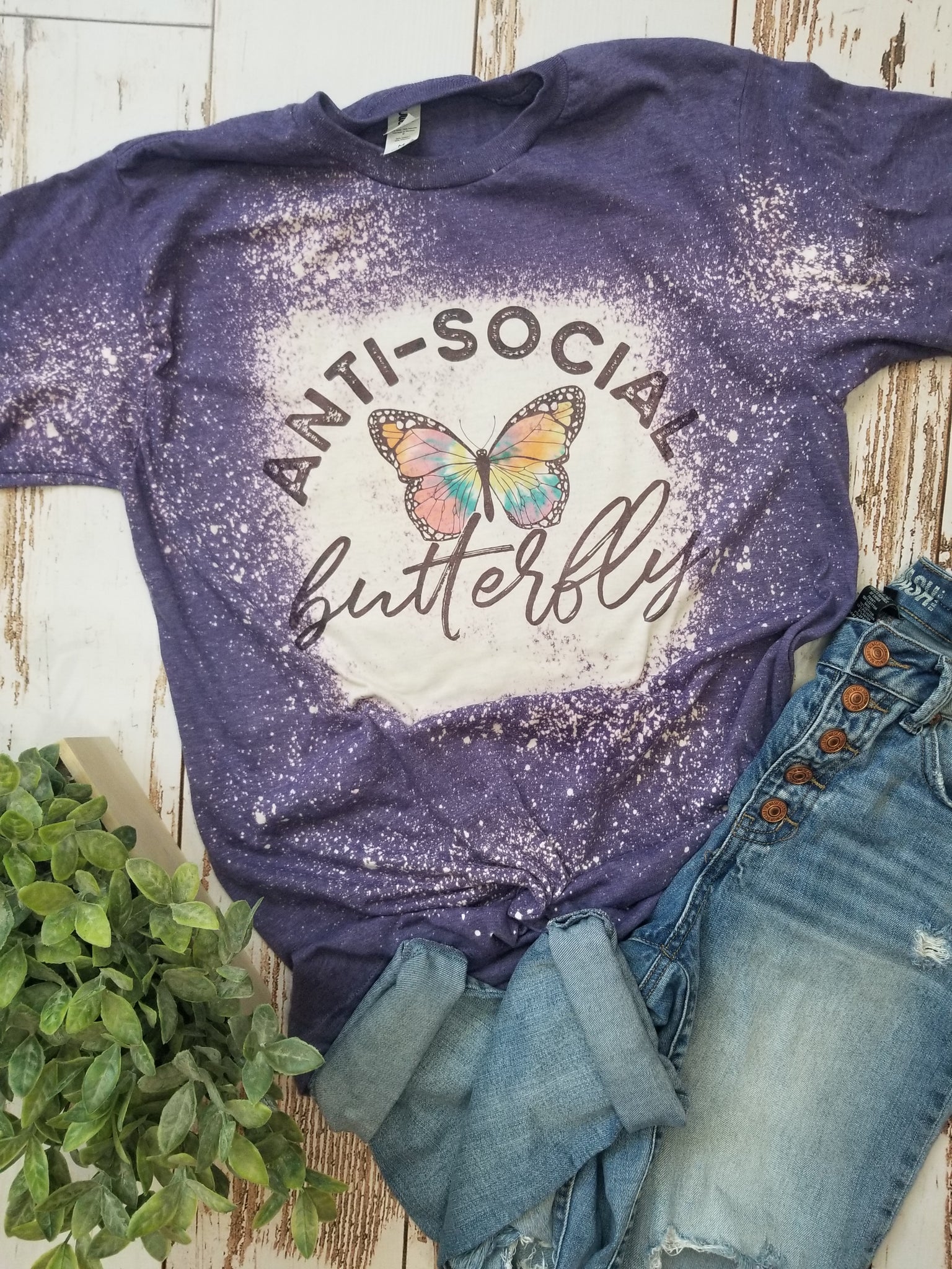 Antisocial butterfly purple bleached tee