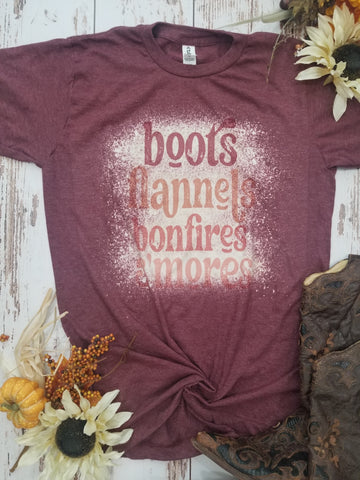 Flannel Boots Bonfires Smores Burgundy Bleached tee