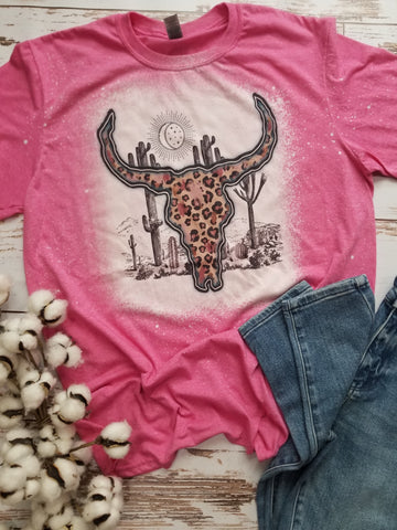 Leopard cow skull on pink bleached tee