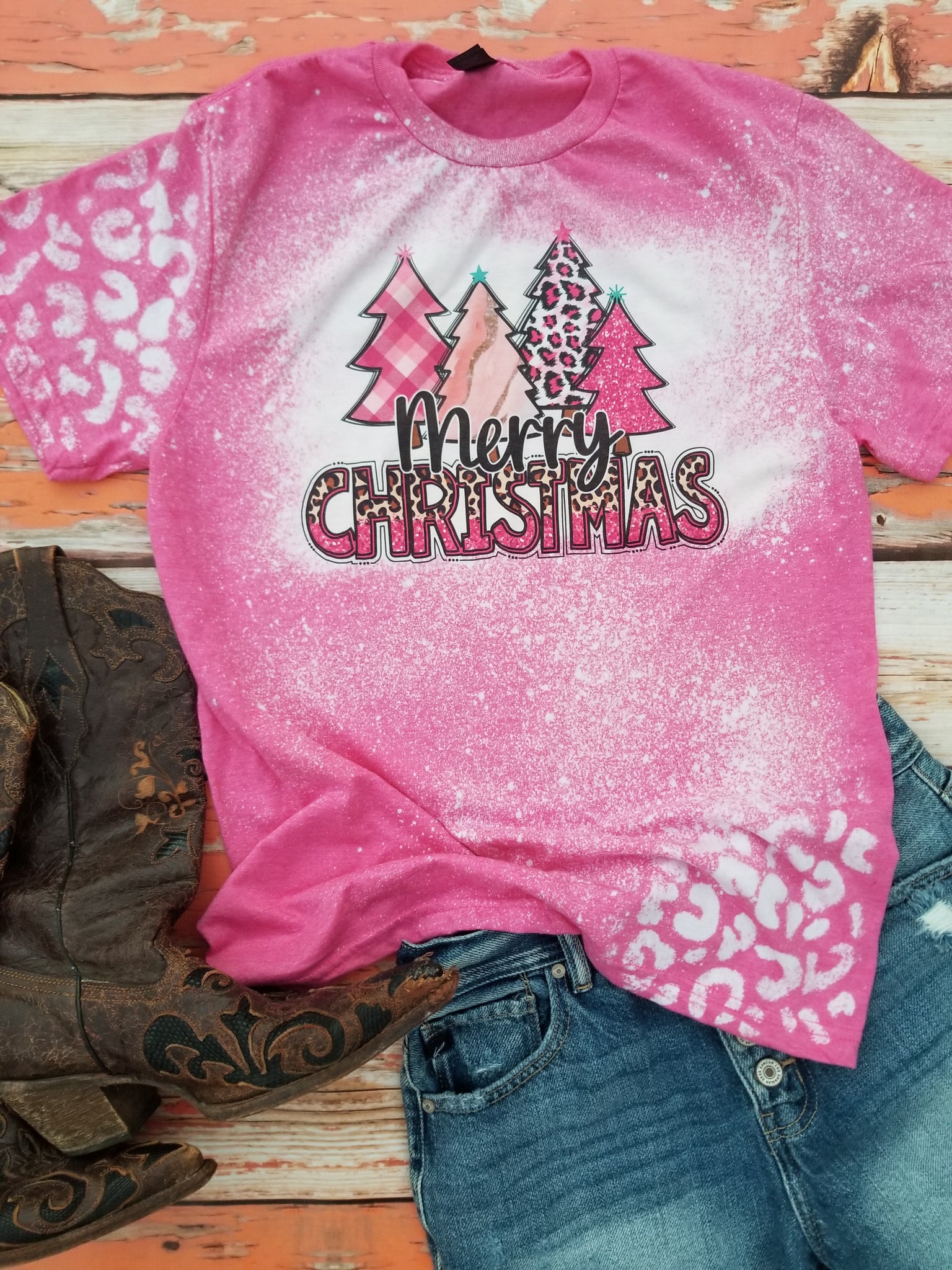 Merry Christmas Pink Bleached Tee