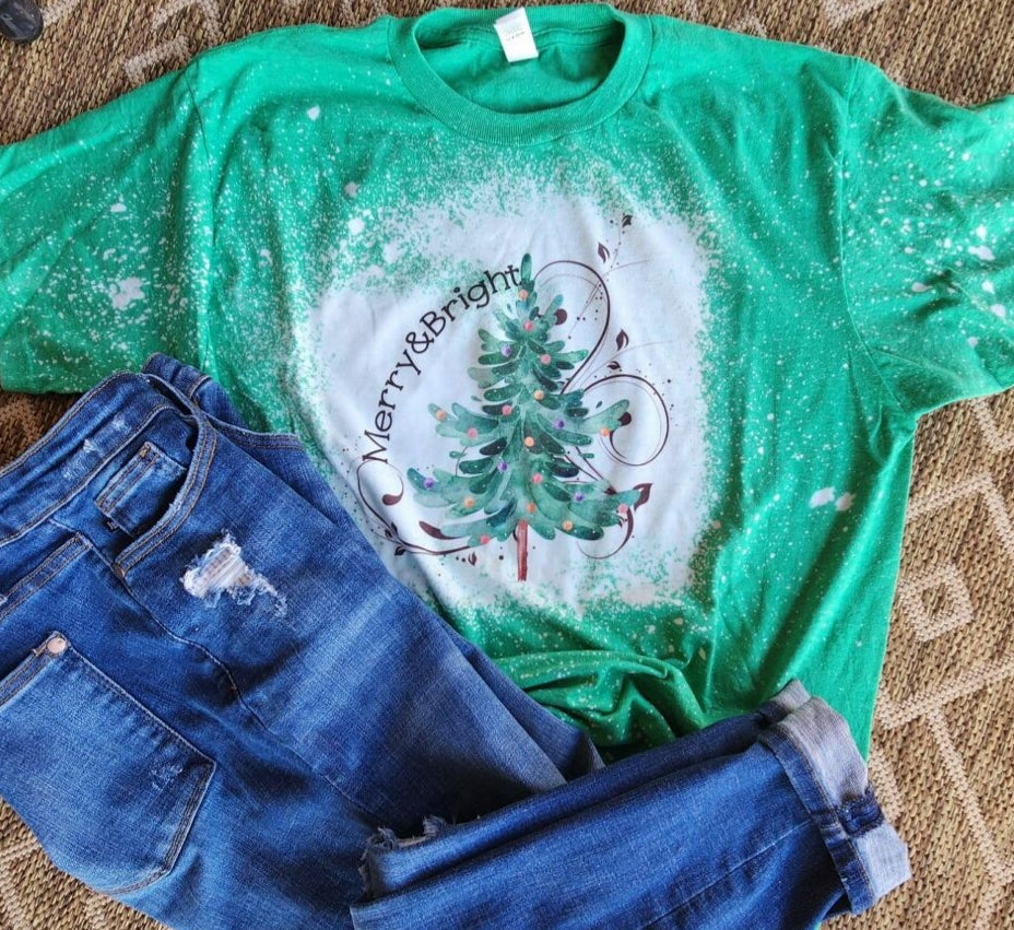Merry and Bright Kelly Green Bleached Tee