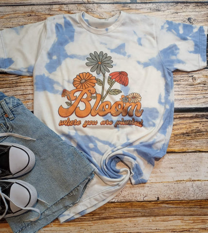 Bloom where you are planted baby blue bleached tee