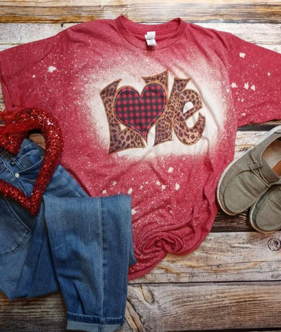 Love leopard and buffalo plaid red bleached tee